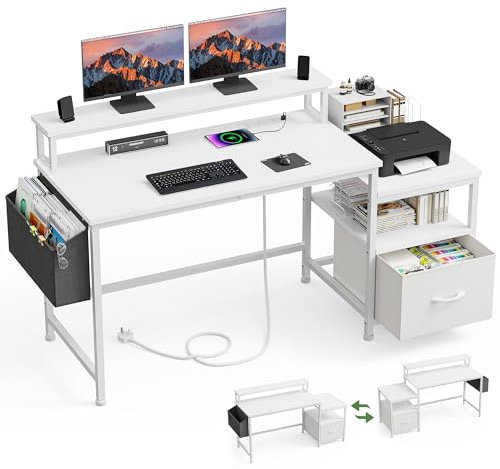 EnHomee Gaming Desk-140x50CM White Corner Computer Desk with Fabric Drawers, Sturdy Home Office Desk with Charging Port & Power Outlet & Monitor Shelf, Reversible L Shaped Gaming Desk for Study