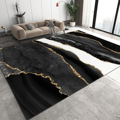 SMXVRC Schwarzweiß Tuschemalerei Wohnzimmerteppich, 180x230cm, Abstrakt Farbverlauf Gold Linien Dekorative Teppiche, Komfortabel Pflegeleichter Maschinenwaschbar Teppich für Vor der TüR