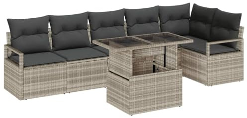 vidaXL 7-teiliges Garten-Sofaset mit Kissen, hellgrau, aus Poly-Rattan, modulare Sitzgelegenheit für 6 Personen, langlebig, wetterfest, perfekt für Terrasse, Lounge und Patio-Ecken.