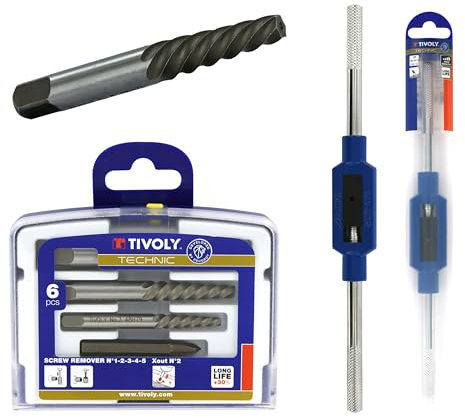 TIVOLY - Kit Extracteurs de Vis Cassées M4 à M18 + Tourne-à-Gauche N°2 M4 à M12-5 Extracteurs HCS + 1 X-Out + Porte-Taraud en Zamak