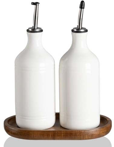 Sweejar Home Ceramic Olive Oil Dispenser Bottles with Tray, 460ML Oil Dispenser Set for Kitchen Counter, Opaque Oil Cruet for Storage Soy Sauce, Vinegar, Liquids, Pack of 2 (WhiteWhite)