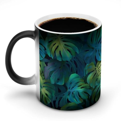 Jubonexis Große Monstera grüne Blätter, farbwechselnde Tassen, wärmewechselnde Keramik-Kaffeetasse, lustige Tee-Wasser-Tasse, 325 ml