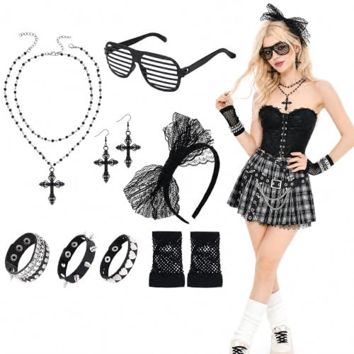 Apricitie 90er Jahre Accessoires 11 Teile Damen Karneval Halloween Outfit | Retro Party Zubehör Set Vollständiges Fasching Paket Geeignet für Karneval Halloween