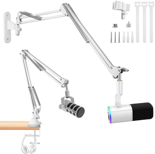 White Microphone Wall Mount and Mic Boom Arm Desktop Clamp Stand compatible with Shure FIFINE Blue Yeti,Razer,HyperX Mic Kit for Broadcasting, Podcasts,Streaming and Gaming