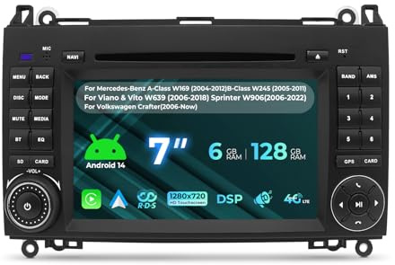 [8-Core 6+128GB] Autoradio für Mercedes-Benz A Klasse W169/ B Klasse W245/ Viano & Vito W639/ Sprinter W906,7 Zoll Radio Eingebaut 4G LTE CarPlay Android Auto Bluetooth FM AM RDS DSP SWC