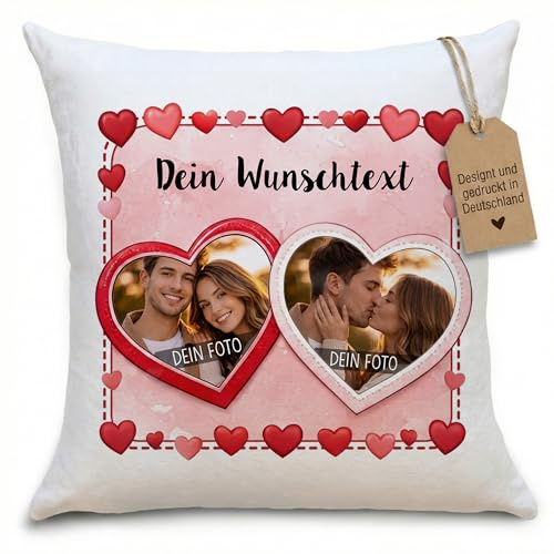 OWLBOOK® Personalisiertes Kissen mit Foto Bedrucken Lassen - Fotokissen selbst gestalten - Personalisierte Geschenke für Ihn Sie - Partner Geschenke für Paare - Foto Kissen 40x40cm | 2 Herzen