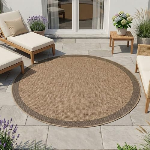 HomebyHome Outdoor Teppich Rund 160 cm Wetterfest Pflegeleicht Jute Natur Optik Bordüre Design für Terrasse Garten Wohnzimmer Esszimmer