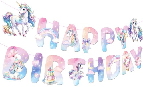 Einhorn Girlande Dekoration mit Glitzer – Rosa Lila Einhorn Banner für Geburtstagsparty Motto-Party Junggesellinnenabschied Papier Wimpelkette für Wohnzimmer Garten Deko