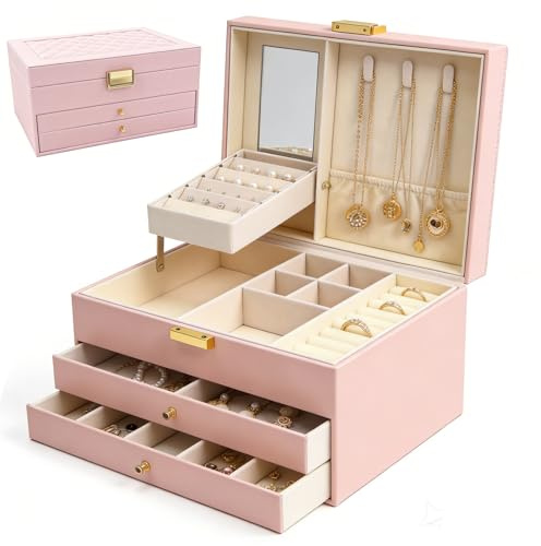 Lumcoyee Jewellery Box for Women, 3-Tier Large Organiser | with 2 Drawers, Jewellery Tray, For Necklaces Earrings Bracelets Rings For Girls