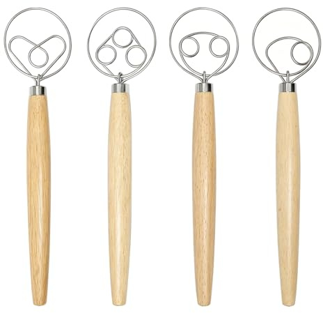 Neikafan Batidora de Masa Danés 4 Piezas Mezclador Holandes Batidor Danes | Masa Manual Pan Mezclador con Anillo de Acero Inoxidable para Huevos Masas y Pasteles Cocina y Repostería