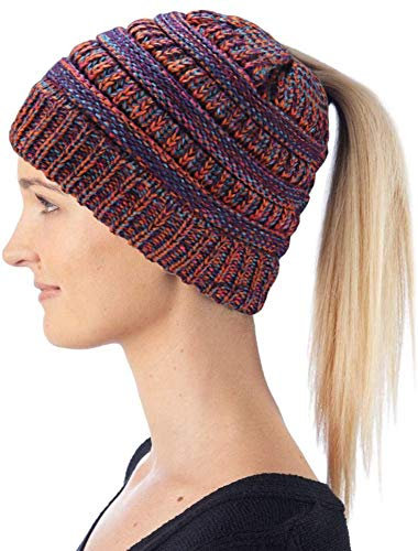 Hatstar Damen Beanie Mütze mit Zopfloch | Strickmütze für Pferdeschwanz | Ponytail Beanie gestrickte Mädchen Wintermütze | weich & warm (meliert türkis-rot-pink-lila)