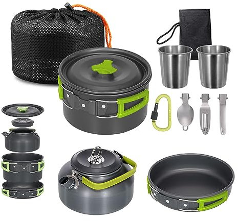 Lixada - Batería de cocina para camping ligero portátil olla hervidor de agua tazas cuchara tenedor cortador para picnic senderismo