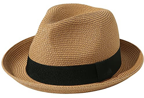 Lanzom Chapeau de paille pliable et enroulable pour homme et femme - Fedora - Chapeau de plage, Kaki A, Taille M