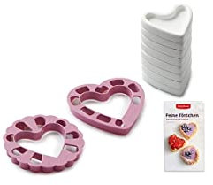 Betty Bossi Cortador de galletas para tartaletas de corazón/flores, con peso de cerámica y folleto de recetas. Cortador de galletas para tartaletas de corazón y flores - set
