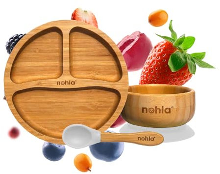 nohla ® - Bamboo Baby & Toddler Suction Plate, Bowl & Silicone Spoon Weaning Set - Suction Ring for Secure Grip on Smooth Surfaces - Eco-Friendly, BPA-Free - Grey