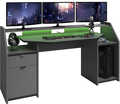 Miroytengo Table Gaming Grande 180 cm Set-Up Couleur Gris 1 tiroir 1 armoire avec LED Gamer Bureau Ordinateur 98 x 180 x 67 cm