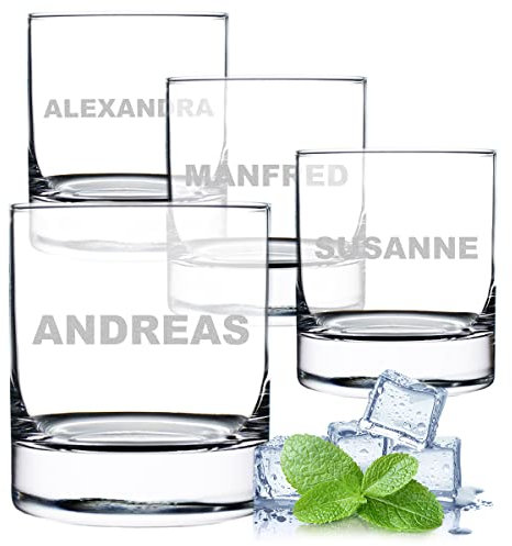 Wasserglas Trinkglas 4er-Set mit Gravur - 320 ml Volumen - Lieblingsgetränke - Universalgläser als Wassergläser Saftgläser Schorlegläser - für Drinks und Cocktails - Saft, Wasser, Cola