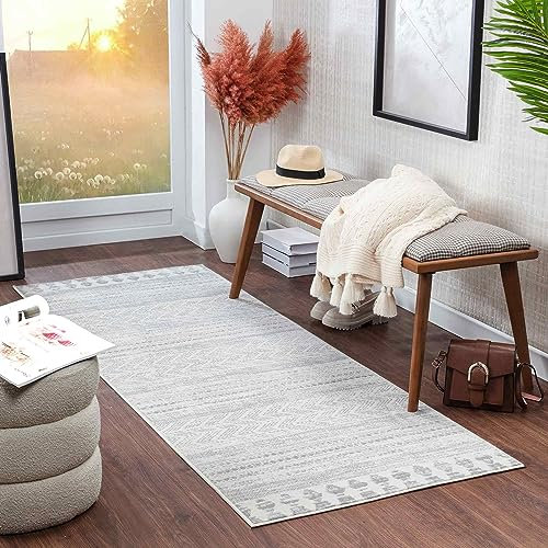 Livabliss Oslo Boho Teppich für Wohnzimmer und Schlafzimmer - Großer Esszimmerteppich 80x220 cm Mit Geometrischem Muster, Skandinavischer Moderner Stil in Grau