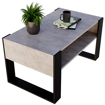Couchtisch KARO rechteckiger Kaffeetisch aus Holz Modern Teetisch 95 x 53,6 45cm massiv und stabil (Chicago Beton/Schwarz), 0012