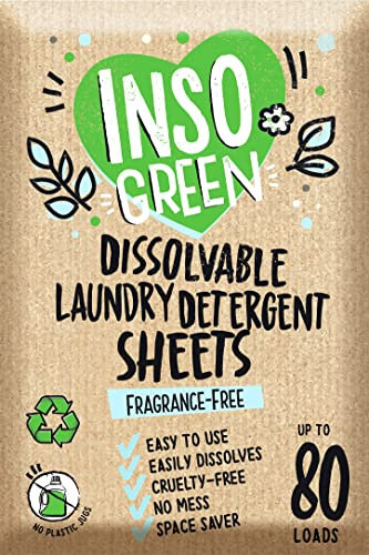 InsoGreen Fogli di detersivo per bucato senza profumo, 40 fogli ecologici per un massimo di 80 carichi, senza profumo, senza confezione in plastica, detersivo per bucato da viaggio