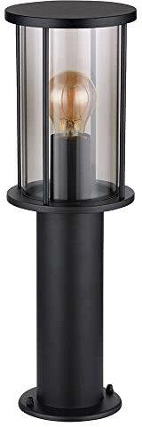 Stehlampe Garten Sockelleuchte modern Außenlampe schwarz, Wegeleuchte wetterfest, Glasschirm rauch Edelstahl matt, 1x E27 Fassung, DxH 14,3x45 cm