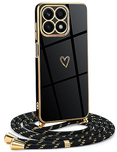 Mkej Frauen Mädchen Handykette Kompatibel mit Honor X8A - Silikon Hülle mit Band - Handyhülle für Honor X8A Herz Love Design Galvanik - Hülle mit Kordel in schwarzes Gold