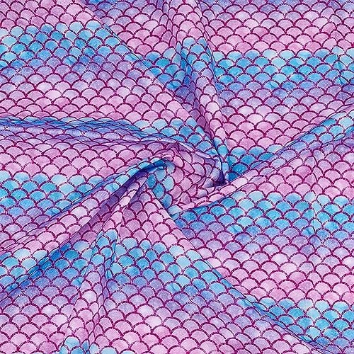 FINGERINSPIRE Stoff Mit Meerjungfrauenschuppen 1x1.45 m Fischschuppenmuster Polyester Baumwollstoff Blau Lila Meerjungfrau Bedruckter Stoff Für Basteln Heimdekoration Stoffnähen (Nicht Elastisch)