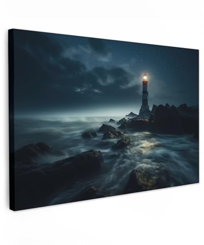 MuchoWow© Leinwand Groß 120x80 cm XXL Deko Schlafzimmer Aesthetic Leinwandbilder Wohnzimmer Gemälde Foto Geschenk Living Room Decoration Maritime - Leuchtturm - Meer - Nebel - Felsen - Maritim - Natur