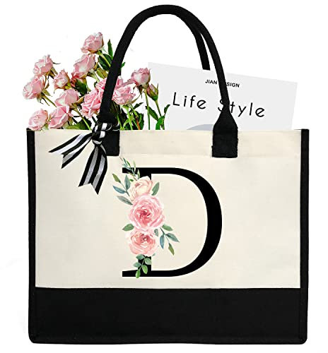 sundee Personalisierte Strandtasche aus Segeltuch mit Innentasche mit Reißverschluss, monogrammierte Geschenktasche für Hochzeit, Geburtstag, Urlaub, Schwarzer Buchstabe D, One Size