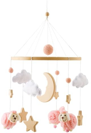 Herfair Campana de cama móvil para bebé con estrellas, luna, oveja, madera, para niñas, móvil para cuna de bebé, cuna (rosa)
