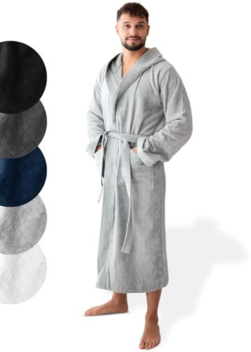 SIEGENTHAL® Herren Bademantel Frottee Velours 100% Baumwolle - Kapuzenbademantel, weich, saugfähig, warm, lang, Luxus, Premium, Wellness, Spa, hochwertige Verarbeitung, Hellgrau XL XXL