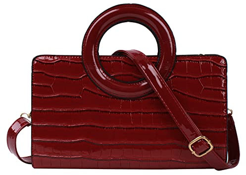 Pochette da sera da donna in pelle di coccodrillo lucida verniciata con impugnatura in metallo elegante borsa a tracolla, 6916+rosso, 1