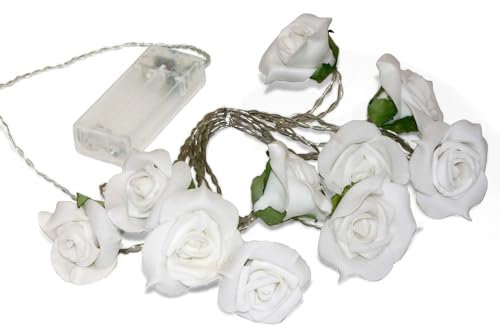hellum LED Lichterkette mit weißen Rosen 2x, Lichterkette innen mit 10 LED warmweiß, Batterie (2xAA, nicht inkl.) mit 2,3m Gesamtlänge, Valentinstag Dekoration 2 Stück 151527