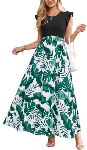 OUGES Damen Sommer Lang Maxikleid Elegant Freizeitkleid Ärmellos Kleider mit Taschen(Floral G,XL)