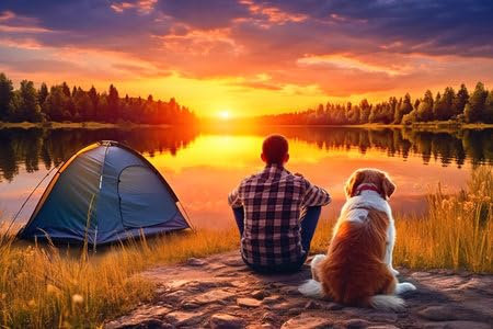 Acryl-Bild 50 x 30 cm: Ein Mann und ein Hund sitzen bei Sonnenuntergang am Ufer eines Sees. Hochwertiges Foto (216075605)