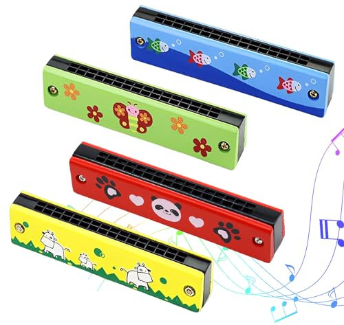 Mundharmonika Kinder, 4 Stück Harmonica 16 Löcher Mundharmonika aus Holz Musikinstrumente für Anfänger Kinder Studenten Erwachsene