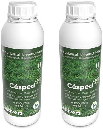 CULTIVERS Fertilizante Césped Ecológico de 2x1 L. Abono Líquido con Micronutrientes y Aminoácidos. Abono 100% Orgánico Césped más Verde, Fuerte y denso. No Produce Quemaduras