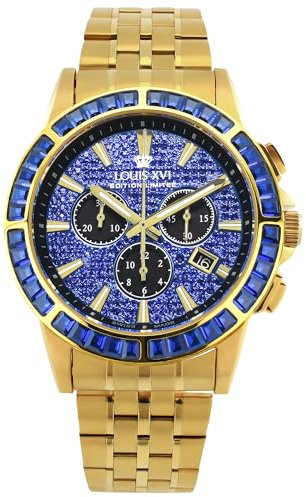 LOUIS XVI Majesté Iced Out 1132 - Ø 43 mm - Herren Uhr - Wasserdicht - Mit Saphirglas - Armband Gold - Zifferblatt CZ-Diamanten Blau - Schweizer Quarzwerk