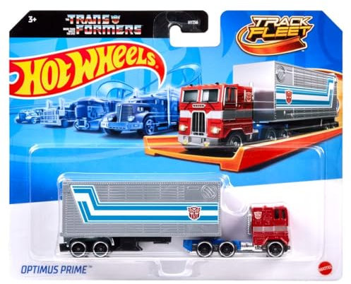 Hot Wheels Travk Fleet Transformers Prime Optimus, Camión Juguetes con Remolque, Escala 1:64, Multicolor