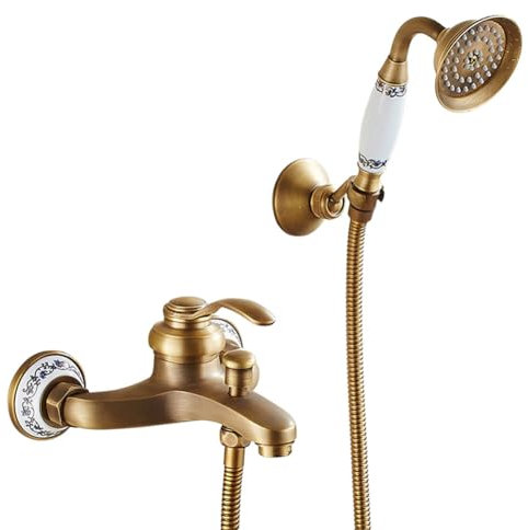 Robinet De Baignoire Robinet Douche Mural Retro Traditionnel Style Laiton Monocommande Mitigeur De Baignoire Avec Douchette Et Flexible De Douche (150cm), Robinet De Salle De Bain, Bronze