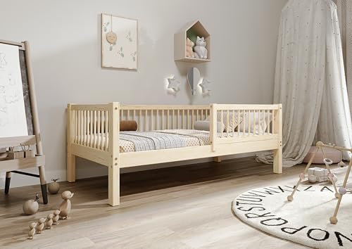 TIMBEE - Alfi - Kinderbett 100x200 cm - Bett Holz Unlackiert - Einzelbett für Kinder mit Lattenrost und Rausfallschutz Abnehmbar - Hohe Beine - Belastbar bis 100 kg - aus Kiefernholz Klasse 1