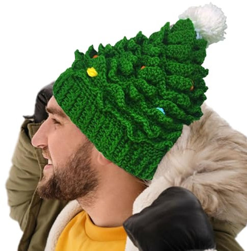 Générique Green Christmas Beanies, Holiday Kostüm, Zubehör, Winter, Santa Hat, Weihnachtsmütze, Warmer Knit Hut mit Weihnachtsbaum-Design, perfektes Weihnachtskostüm Zubehör