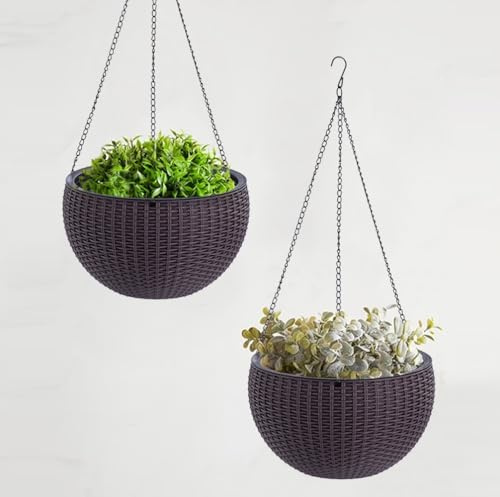 Windor Home Co Rattan Hanging Plant Pot Set 2 Brown - Durable Resin Rattan Effect Large 26cm Diameter Pack 2