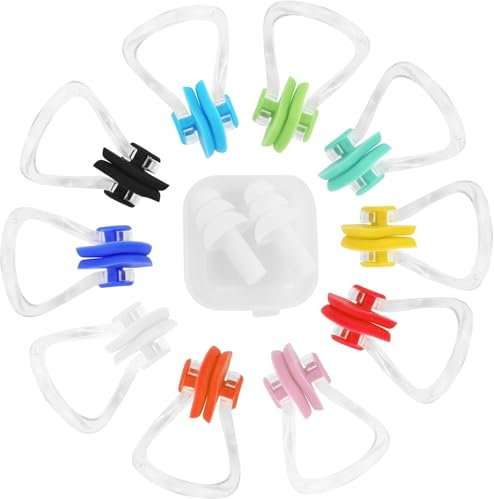 Lot de 10 clips de natation nasaux, réutilisables, bouchons de protection nasale étanches avec 1 paire de bouchons d'oreilles, pour nageurs, débutants, enfants et adultes
