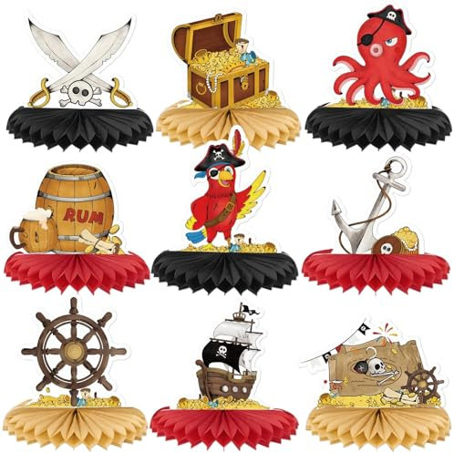 WERNNSAI Piraten Party Dekorationen – 9 Teiliges Piraten Geburtstag Deko Set Kinder Junge Piratenpapagei Schatzkiste Waben Tischdeko Honeycomb Tischdekoration Abenteuer Party Geburtstagsparty Deko
