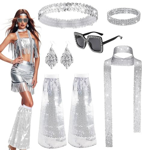 REDKNOT 70er Disco Accessoires Damen 6 Stück 60er Jahre Silber Glitzer Kostüm Zubehör Frauen mit Pailletten Schal, Sonnenbrille, Ohrringe, Armband, Stirnband, Beinstulpen 1970er Disco Karneval Party