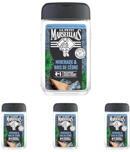 Le Petit Marseillais | Gel Douche Homme Minéraux & Bois de Cèdre (flacon de 250 ml) – Formule 4 en 1 corps, cheveux, visage & barbe – 92% d'ingrédients d'origine naturelle et pH neutre (Lot de 4)
