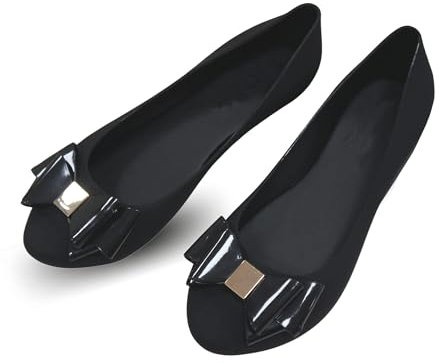 Womens Black Jelly Shoes with Bow - Ladies Comfy Slip-On Flats Casual Wear Every-Day Jelly Ballet Ballerina Pumps, 8 UK