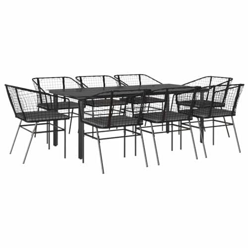 vidaXL 9-TLG. Garten-Essgruppe mit Kissen Schwarz Poly Rattan Glas, Outdoor Essgruppe, Essgarnitur Terrasse, Garten Essgarnitur, Terrasse Essgruppe