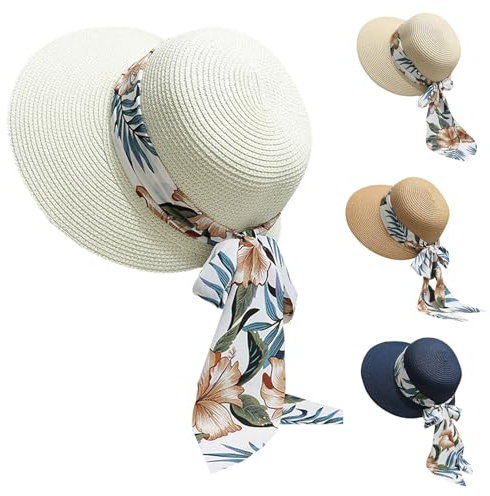 Sombreros de playa para mujer, sombrero de paja de ala ancha para mujer con decoración de lazo, ligero, plegable, plegable, sombrero de paja para viaje de verano